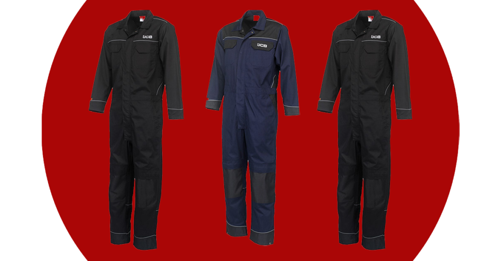 jcb-trade-Total-Protection0-Heavy-Duty-Coveralls - Topline Workwear Three JCB work coveralls displayed side by side: black on both ends and a navy blue center piece, industrial overalls on a red background.
