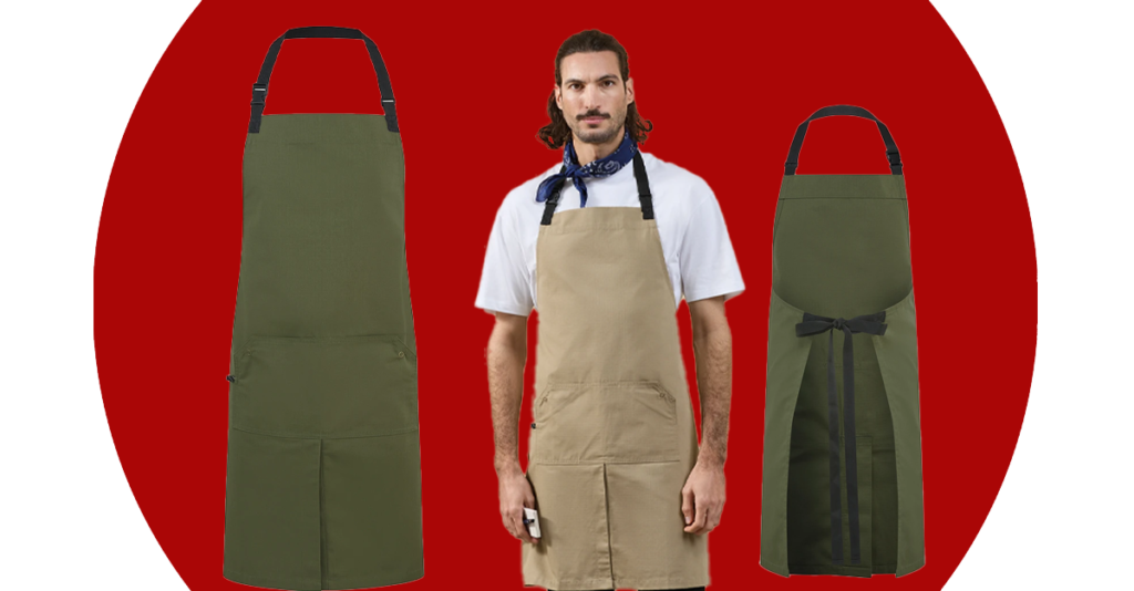 Three aprons on a red backdrop: olive green long aprons on left and right, center model wearing a beige apron