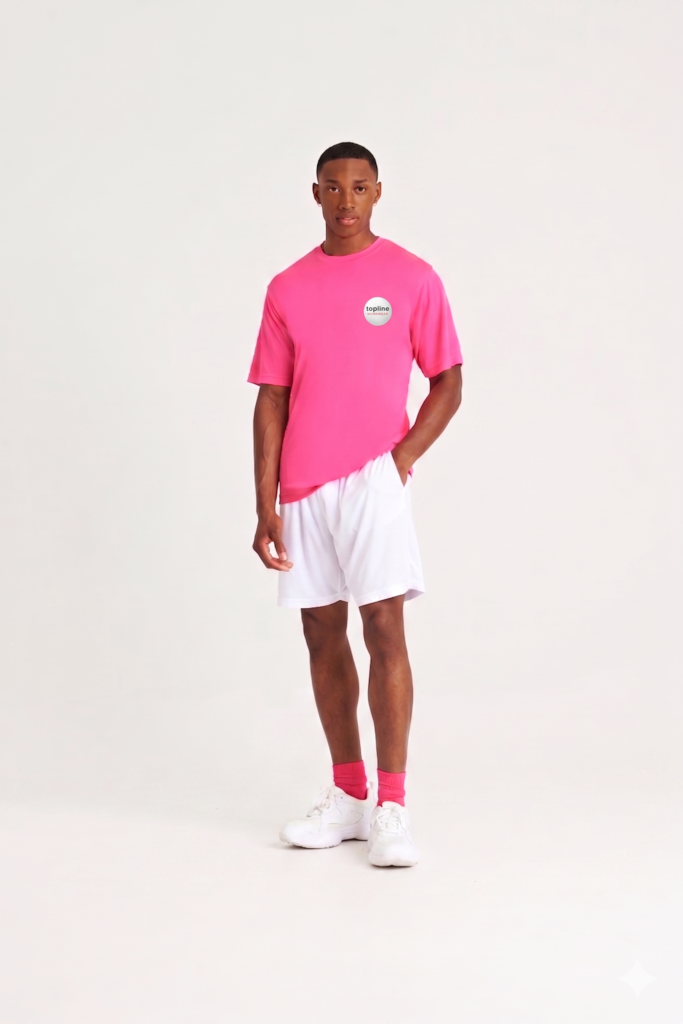 Male model wearing a bright pink T-shirt with a small logo on the chest and white shorts, standing against a white studio backdrop.
