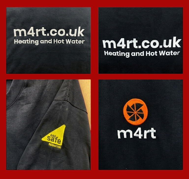 Dark fabric with white 'm4rt.co.uk' and 'Heating and Hot Water' text on it.