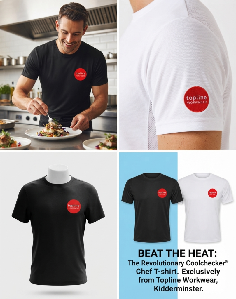 Ultimate Summer Comfort: Revolutionary Coolchecker® Chef T-Shirts - Topline Workwear Chef in a black Topline Workwear T-shirt plating dishes in a commercial kitchen, smiling as he cooks.