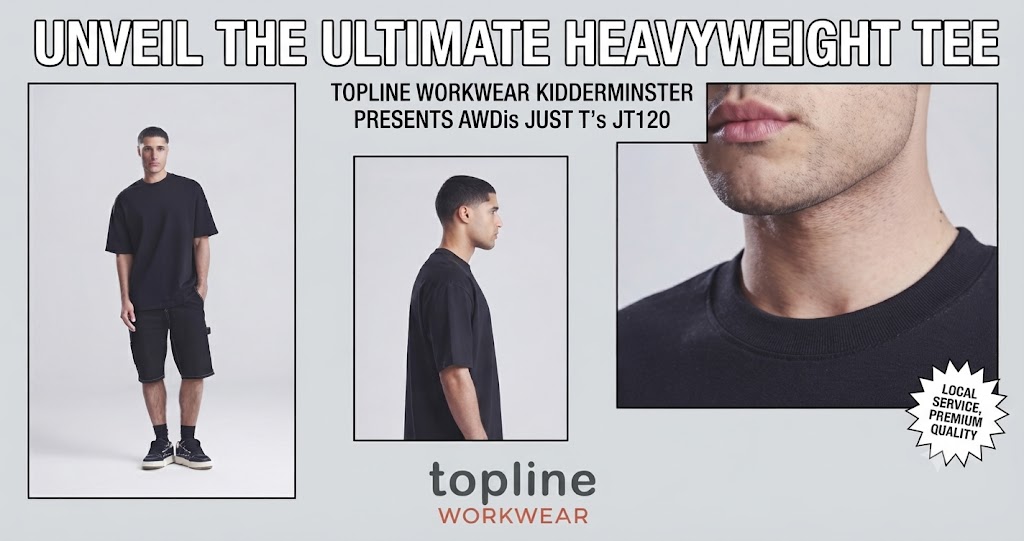 Promo collage for Topline Workwear heavyweight tee: full-body, side profile, and close-up neck shot of a man wearing a black T-shirt, with the headline 'Unveil the Ultimate Heavyweight Tee' and Topline Workwear branding.