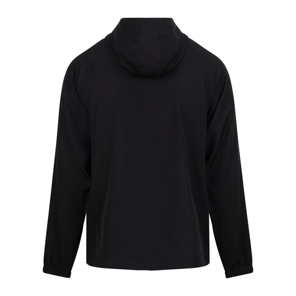 JC282 Jet Black Back Flatjpg - Topline Workwear Back view of a black hooded jacket worn by a person, showing the hood and long sleeves