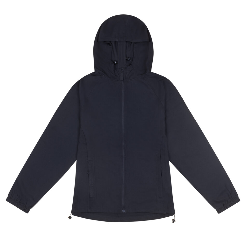 JC282 Jet Black Front Flatjpg - Topline Workwear Navy hooded jacket laid flat with a full-length zipper, drawstrings at the hood and hem, and elastic cuffs on the sleeves.