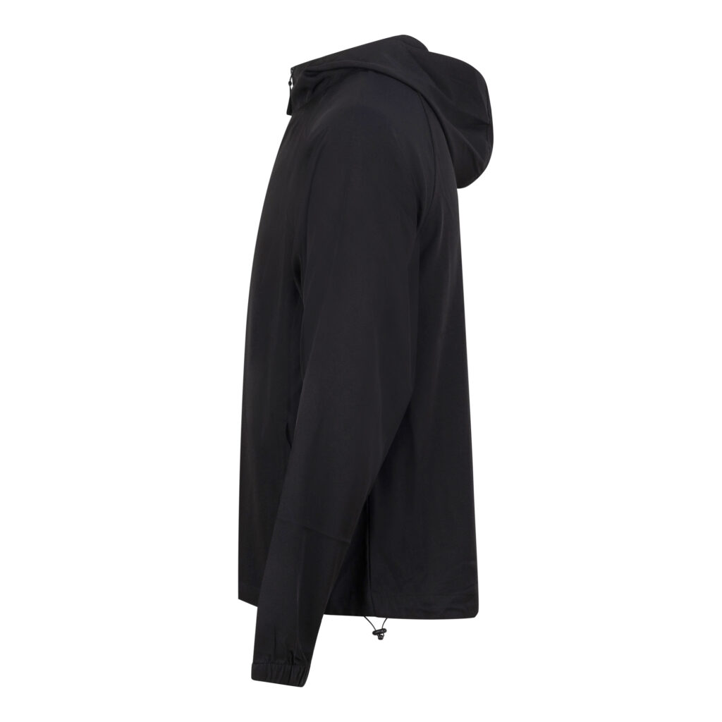 JC282 Jet Black Sidejpg - Topline Workwear Black hooded jacket seen from the side, featuring a drawcord at the hem and a loose, draped silhouette